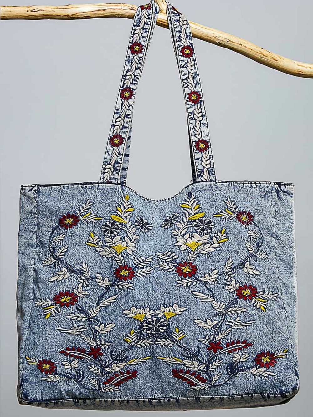 NWT By POL Boho Floral Embroidered Denim Tote Bag — Blue Jean Large Shoulder Bag